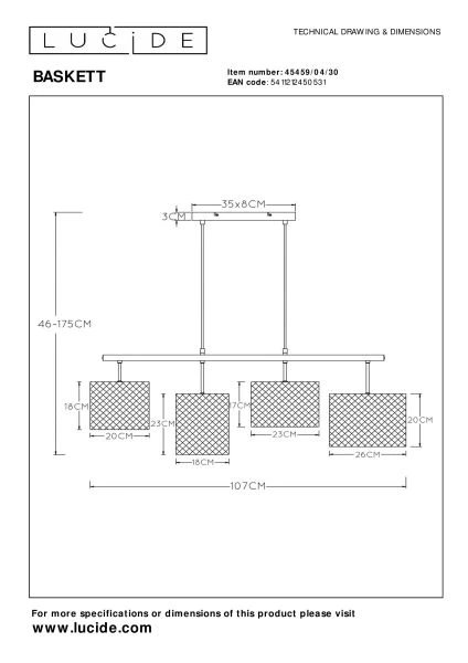 Lucide BASKETT - Pendelleuchten - 4xE27 - Schwarz - technisch